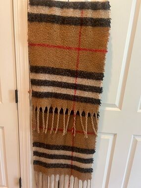 Source Unknown Tan Plaid Fringe Scarf with Black, Cream and Red Stripes